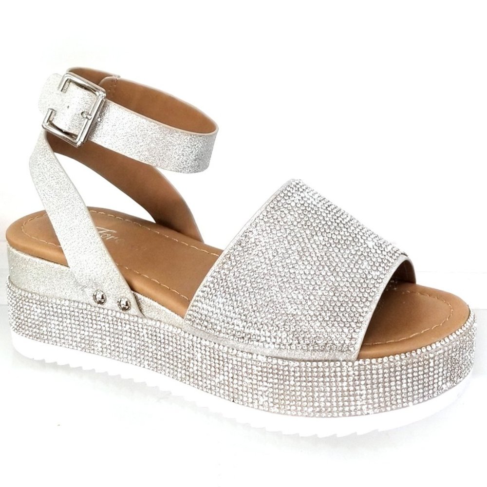 New Silver Rhinestone Platform Wedge Sandals